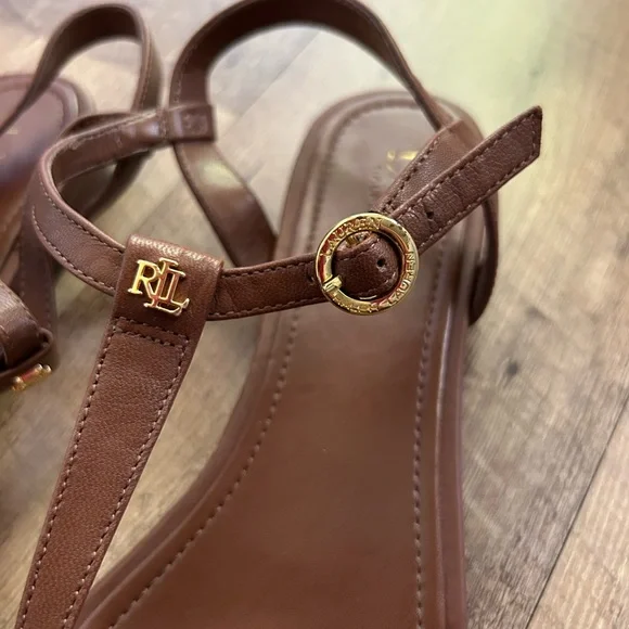 Ralph Lauren Brown Leather Sandals with Gold Accents - Picture 3 of 5